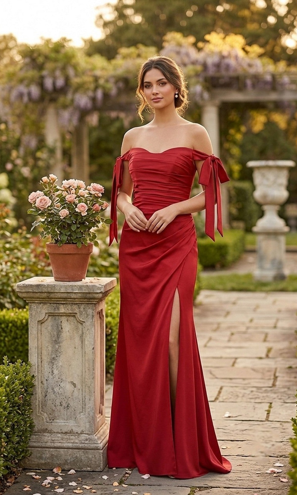 A woman in a stunning burgundy Long Prom Dress: Chicas DM8010, featuring an off-the-shoulder neckline and a thigh-high slit, stands in a garden beside a stone pedestal topped with a potted rose plant.